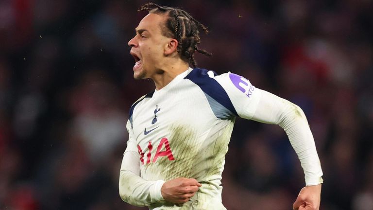 Xavi Simons celebrates after restoring Spurs' lead in their second leg against Atletico Madrid