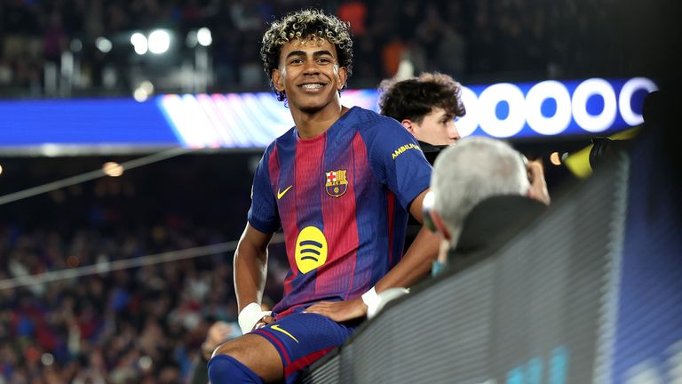 Lamine Yamal celebrates scoring a penalty against Newcastle