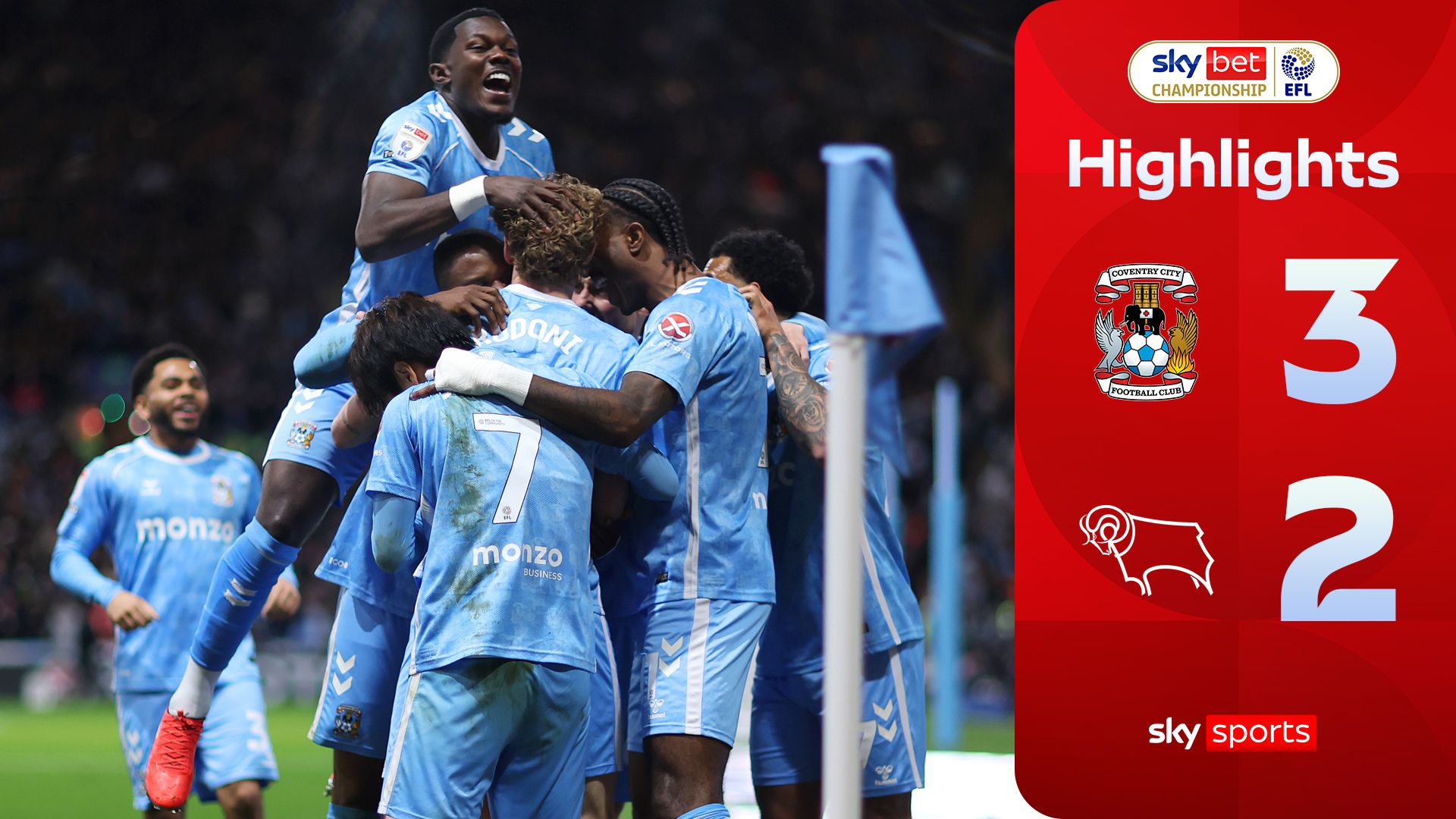 Rudoni brace helps Coventry edge past Derby to move eight points from PL return