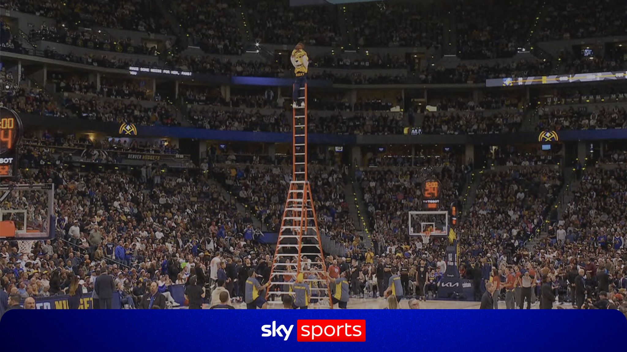 Nuggets mascot sinks over the head halfcourt shot...up two ladders!