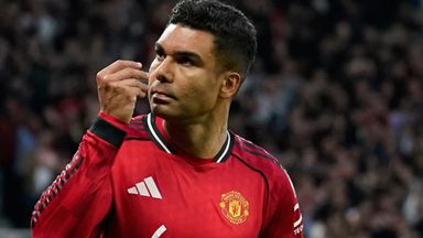 Manchester United's Casemiro celebrates after scoring first goal against Brentford
