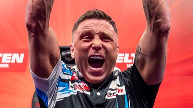 Gerwyn Price celebrates his win at the European Darts Grand Prix