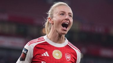 Arsenal's Leah Williamson celebrates scoring the seventh goal against Leicester