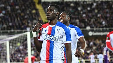 Ismaila Sarr celebrates after putting Crystal Palace ahead at Fiorentina