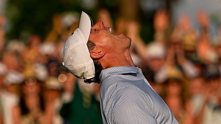 Rory McIlroy celebrates winning The Masters