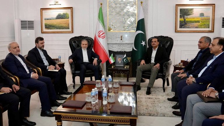 Iran's foreign minister meets with Pakistan's army chief in Islamabad on Saturday morning. Pic: AP