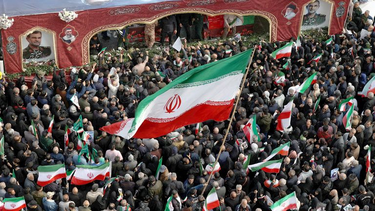People attend a funeral ceremony for the Revolutionary Guards Navy Commander Alireza Tangsiri, who was killed in strikes, amid the U.S.-Israeli conflict with Iran, in Tehran, Iran, April 1, 2026. Majid Asgaripour/WANA (West Asia News Agency) via REUT