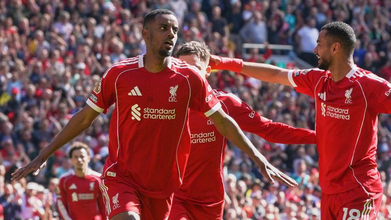 Liverpool's Alexander Isak celebrates after scoring the opening goal (AP Photo/Ian Hodgson)