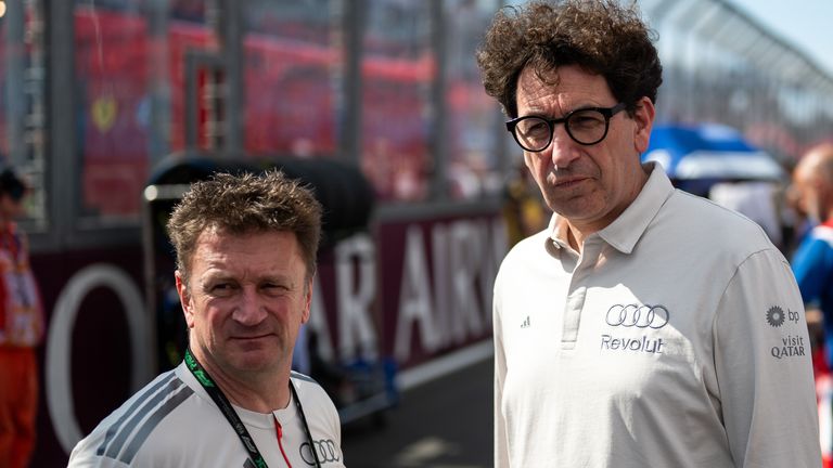 Allan McNish (Audi Revolut F1 Team, Driver Development Program), Mattia Binotto (Audi Revolut F1 Team, Managing Director) in the starting grid, AUS, FIA Formula 3 Championship, Australian Grand Prix, Albert Park Circuit, Melbourne, Sprint Race, Season 20 Photo by: Memmler/picture-alliance/dpa/AP Images