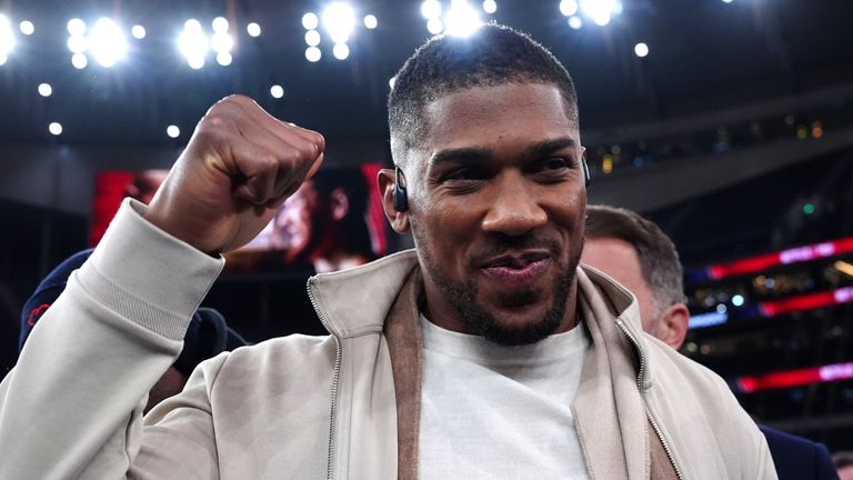 Anthony Joshua reacts following the heavy weight bout between Tyson Fury and Arslanbek Makhmudov