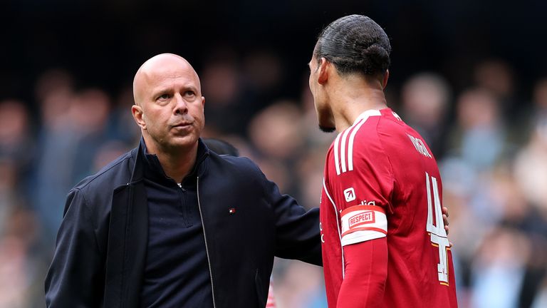 Arne Slot and Virgil van Dijk after Liverpool's 4-0 defeat to Man City in the FA Cup