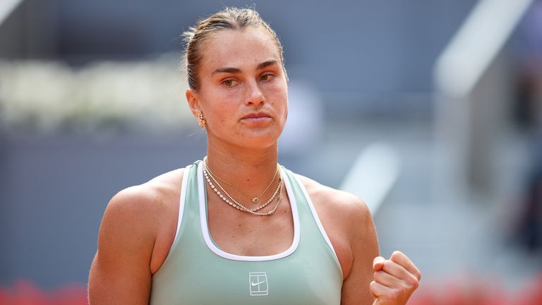 Aryna Sabalenka celebrates winning a point against Peyton Stearns of the United States during the Women’s Singles Second Round match at Mano