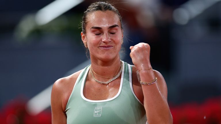 Aryna Sabalenka of Belarus reacts during her match against Jaqueline Cristian of Romania during the Madrid Open tennis tournament in Madrid, Saturday, April 25, 2026. (AP Photo/Pablo Garcia)