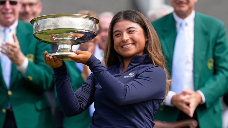 Maria Jose Marin, of Colombia, holds the trophy after winning the Augusta National Women's Amateur (AP Photo/David J. Phillip)