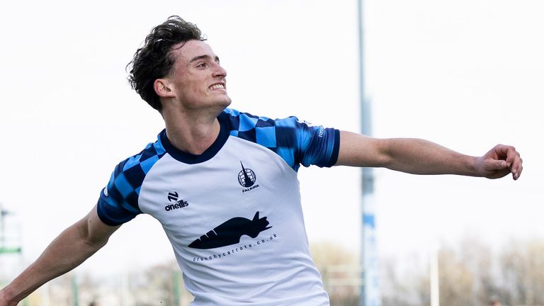 FALKIRK, SCOTLAND - MARCH 21: Falkirk's Barney Stewart celebrates after scoring to make it 1-0 during a William Hill Premiership match between Falkirk and St Mirren at The Falkirk Stadium, on March 21, 2026, in Falkirk, Scotland. (Photo by Roddy Scott / SNS Group)