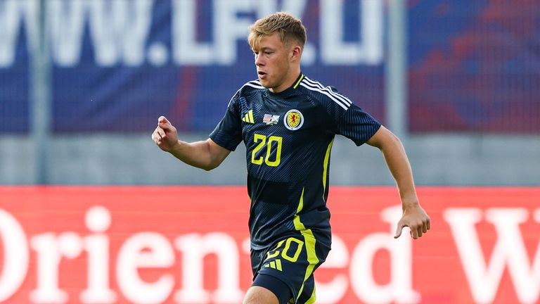 VADUZ, LIECHTENSTEIN - JUNE 08: Scotland's Connor Barron in action during an International Friendly match between Liechtenstein and Scotland at Rheinpark Stadion, on June 08, 2025, in Vaduz, Liechtenstein. (Photo by Craig Williamson / SNS Group)