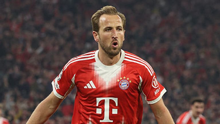 Bayern Munich's English forward #09 Harry Kane celebrates after scoring the equalizing 2-2 goal during the UEFA Champions League quarter-final second leg football match between FC Bayern Munich and Real Madrid in Munich, southern Germany, on April 15, 2026. (Photo by Karl-Josef HILDENBRAND / AFP)