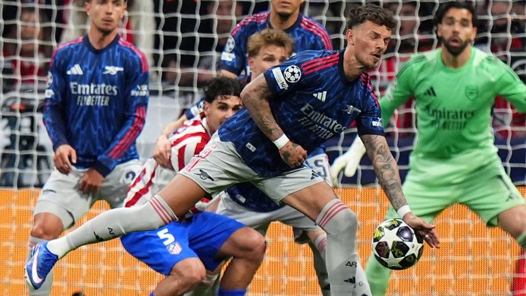 Ben White of Arsenal is adjudged to have handled against Atletico Madrid