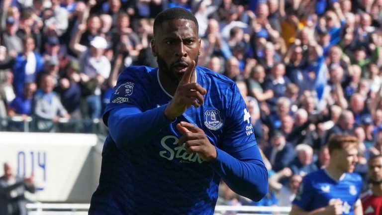 Beto celebrates after equalising for Everton in the Merseyside derby