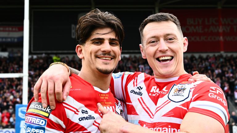 Picture by Olly Hassell/SWpix.com - 03/04/2026 - Rugby League - Betfred Super League Round 7 - St Helens v Wigan Warriors - The Brewdog Stadium, St Helens, England - Daryl Clark of St Helens and Bill Leyland of St Helens celebrates their teams victory over Wigan