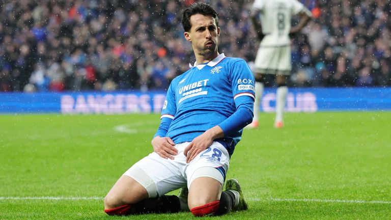 Bojan Miovski celebrates after scoring Rangers' fourth goal against Dundee United