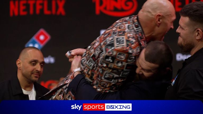 Tyson Fury was picked up by Arslanbek Makhmudov during the face-off at the press conference ahead of their fight on Saturday.