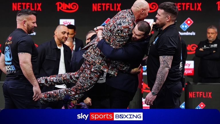 Tyson Fury was picked up by Arslanbek Makhmudov during the face-off at the press conference ahead of their fight on Saturday.