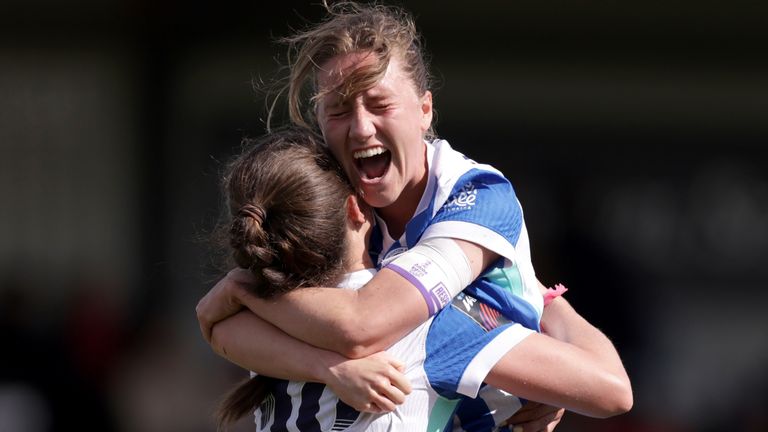 Brighton's Maisie Symonds and Caitlin Hayes celebrate at full-time after sealing their FA Cup semi-final spot