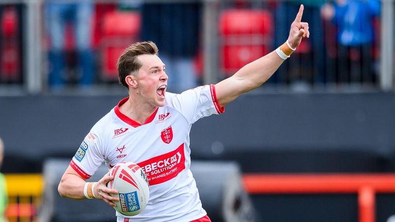 Picture by Allan McKenzie/SWpix.com - 03/04/2026 - Rugby League - Betfred Super League Round 7 - Hull KR v Hull FC - Sewell Group Craven Park, Hull, England - Hull KR's Jack Broadbent celebrates his try against Hull FC.