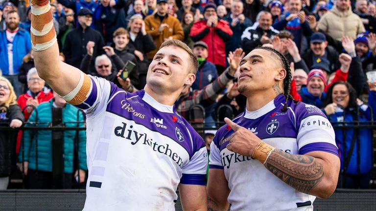 Wakefield’s Cameron Scott and Tray Lolesio celebrate the win