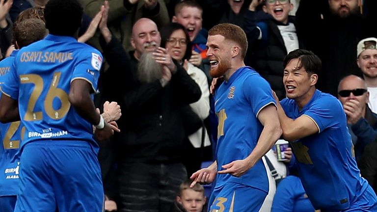 Birmingham City's Carlos Vicente (second right) celebrates with his team mates after scoring his sides first goal 