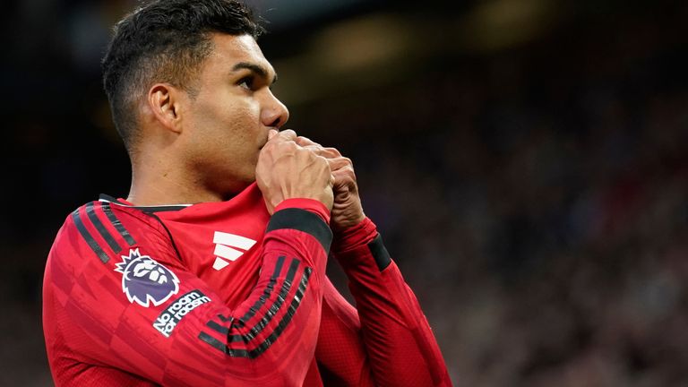 Manchester United's Casemiro celebrates after scoring during the Premier League soccer match between Manchester United and Brentford in Manchester, England, Monday, April 27, 2026. (AP Photo/Dave Thompson)