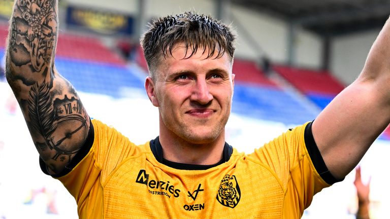 Alex Mellor of Castleford celebrates their team's victory over Wigan