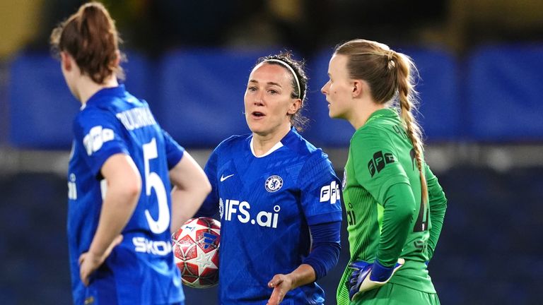Chelsea's Lucy Bronze (centre) speaks to team-mates after seeing Arsenal have a goal ruled out for offside via VAR