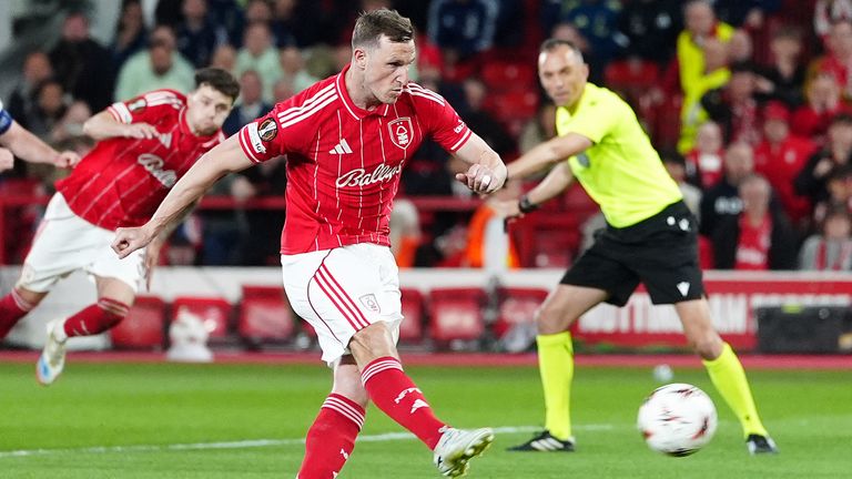 Nottingham Forest's Chris Wood scores from the penalty spot against Aston Villa