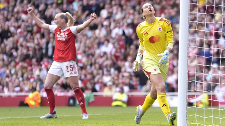 Lyon goalkeeper Christiane Endler (right) reacts after she scores and own goal