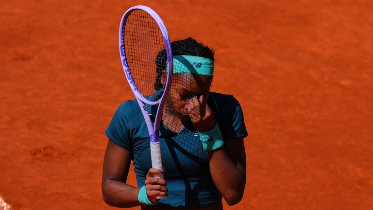 Coco Gauff of the U.S. reacts against Sorana Cirstea of Romania during the Madrid Open tennis tournament in Madrid, Sunday, April 26, 2026. (AP Photo/Manu Fernandez)