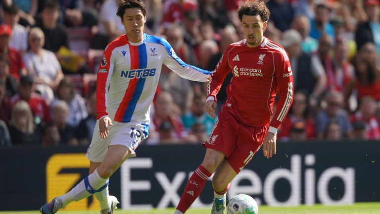 Crystal Palace's Daichi Kamada and Liverpool's Curtis Jones (AP Photo/Ian Hodgson)