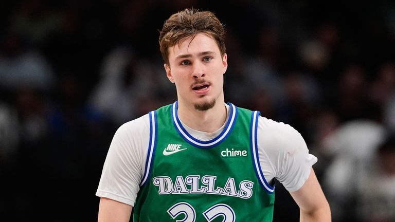 Dallas Mavericks' Cooper Flagg jogs upcourt during an NBA basketball game against the Orlando Magic Friday, April 3, 2026, in Dallas. (AP Ph