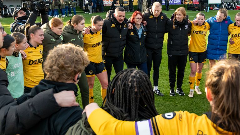 Dan McNamara speaking to the team after the Adobe Women's FA Cup third round match between Wolves and Nottingham Forest