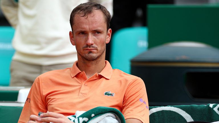 Russia's Daniil Medvedev sits between games as he plays against Italy's Matteo Berrettini during the Monte Carlo ATP Masters Series Tourname