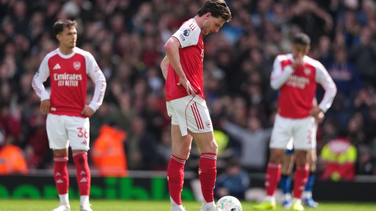 Declan Rice and his Arsenal team-mates stand dejected after conceding a second goal to Bournemouth (AP Photo/Dave Shopland)