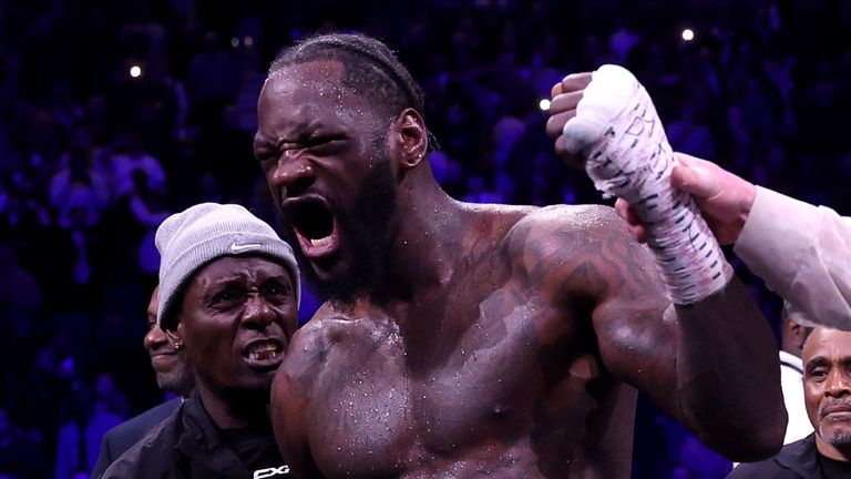 Deontay Wilder celebrates his win over Derek Chisora 