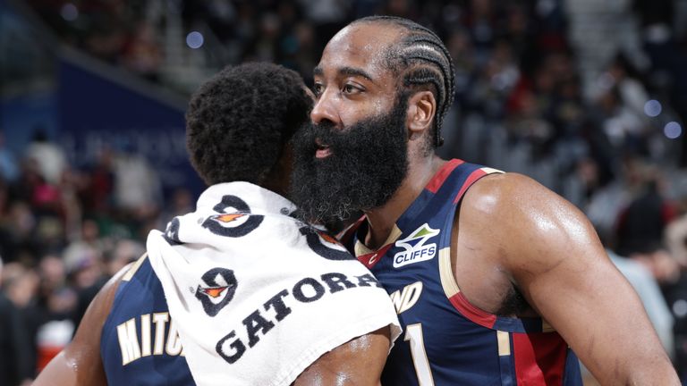 Donovan Mitchell and James Harden celebrate for the Cleveland Cavaliers after their win over the Toronto Raptors