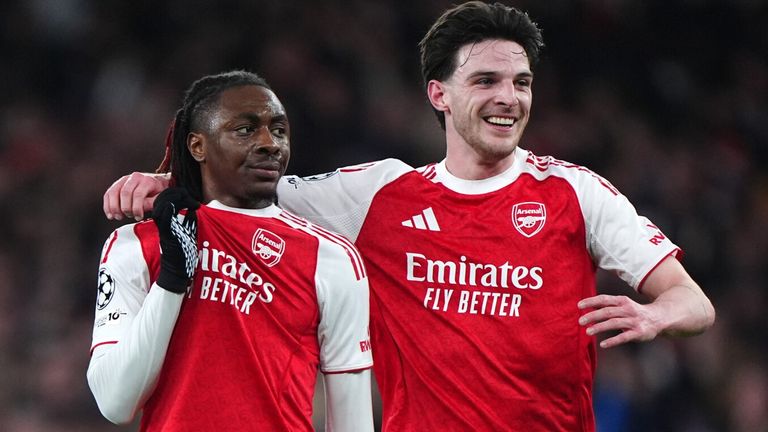Arsenal's Eberechi Eze (centre left) celebrates scoring their side's first goal of the game with team-mate Declan Rice during the UEFA Champions League match at the Emirates Stadium, London. Picture date: Tuesday March 17, 2026.