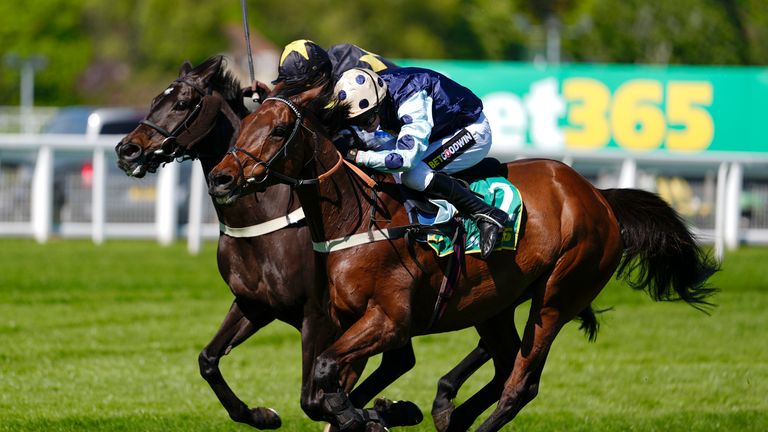 Edwardstone ridden by jockey Tom Cannon on the way to winning the bet365 Celebration Chase at Sandown Park