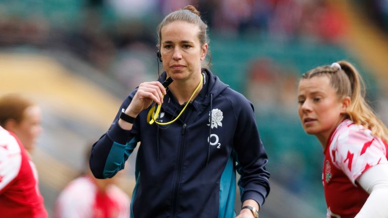 LONDON, ENGLAND - APRIL 11: England's Attack and Backs Coach Emily Scarratt    