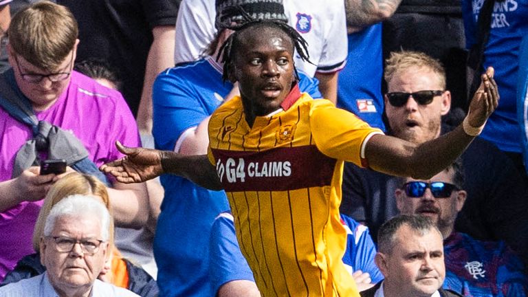 Motherwell's Emmanuel Longelo celebrates after scoring to make it 2-0