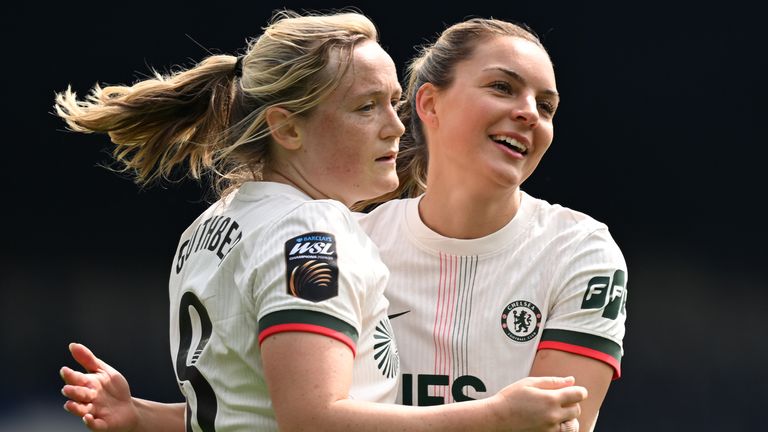Erin Cuthbert celebrates with Johanna Rytting Kaneryd after scoring her team's fourth goal 