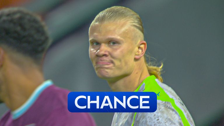 Haaland hits the post.